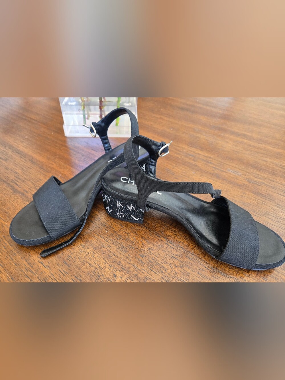 Rhinestone Black Open-Toe Ankle-Strap Block Heel Sandals